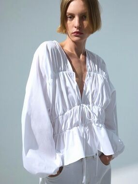 H&M White Drawstring V-Neck Peasant Blouse